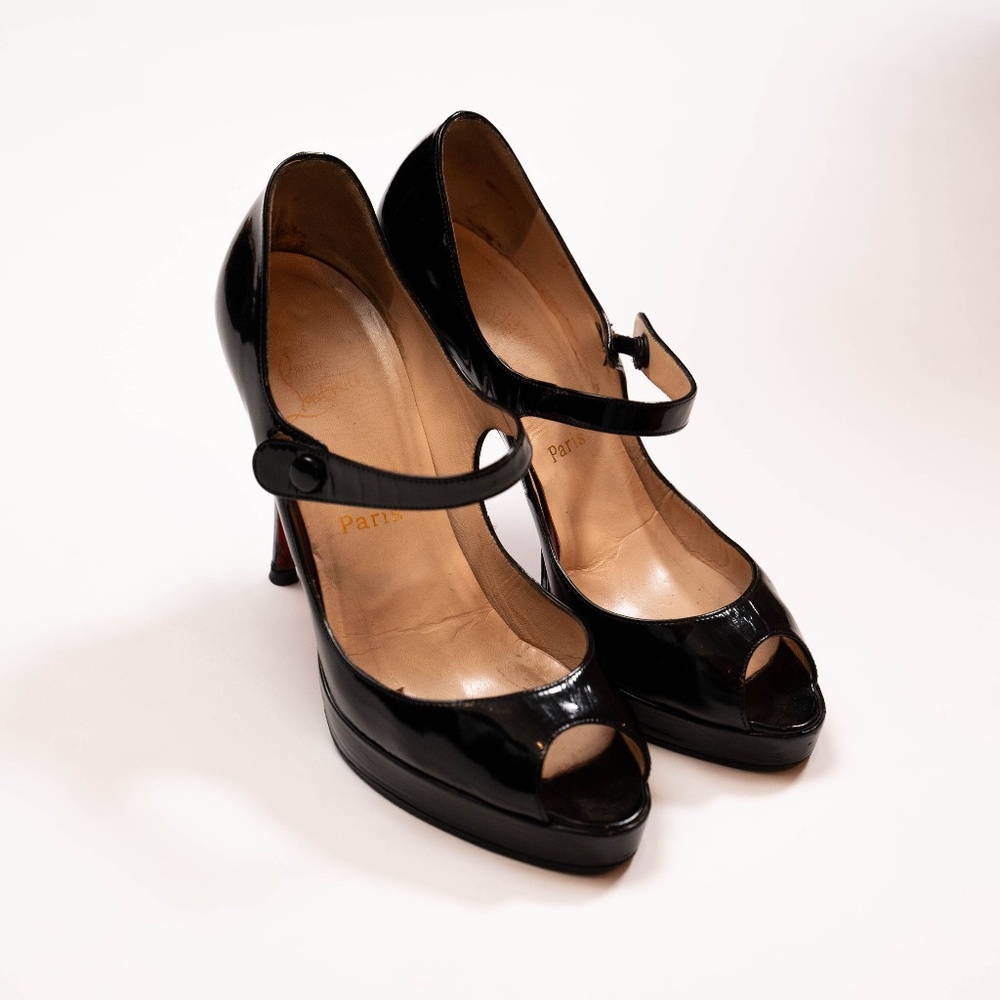 CHRISTIAN Louboutin “lady peep” peep toe pumps 150mm black patent leather size 9
